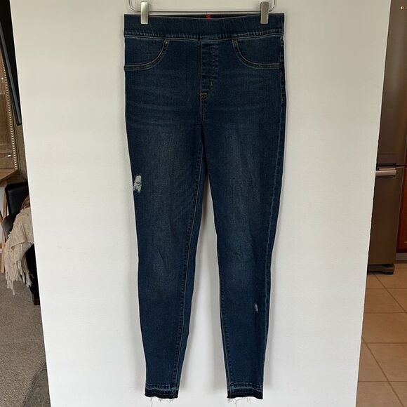 Spanx Blue Distressed Pull-On Ankle Skinny Jeans Raw Hem Size Medium Tall - Picture 4 of 13